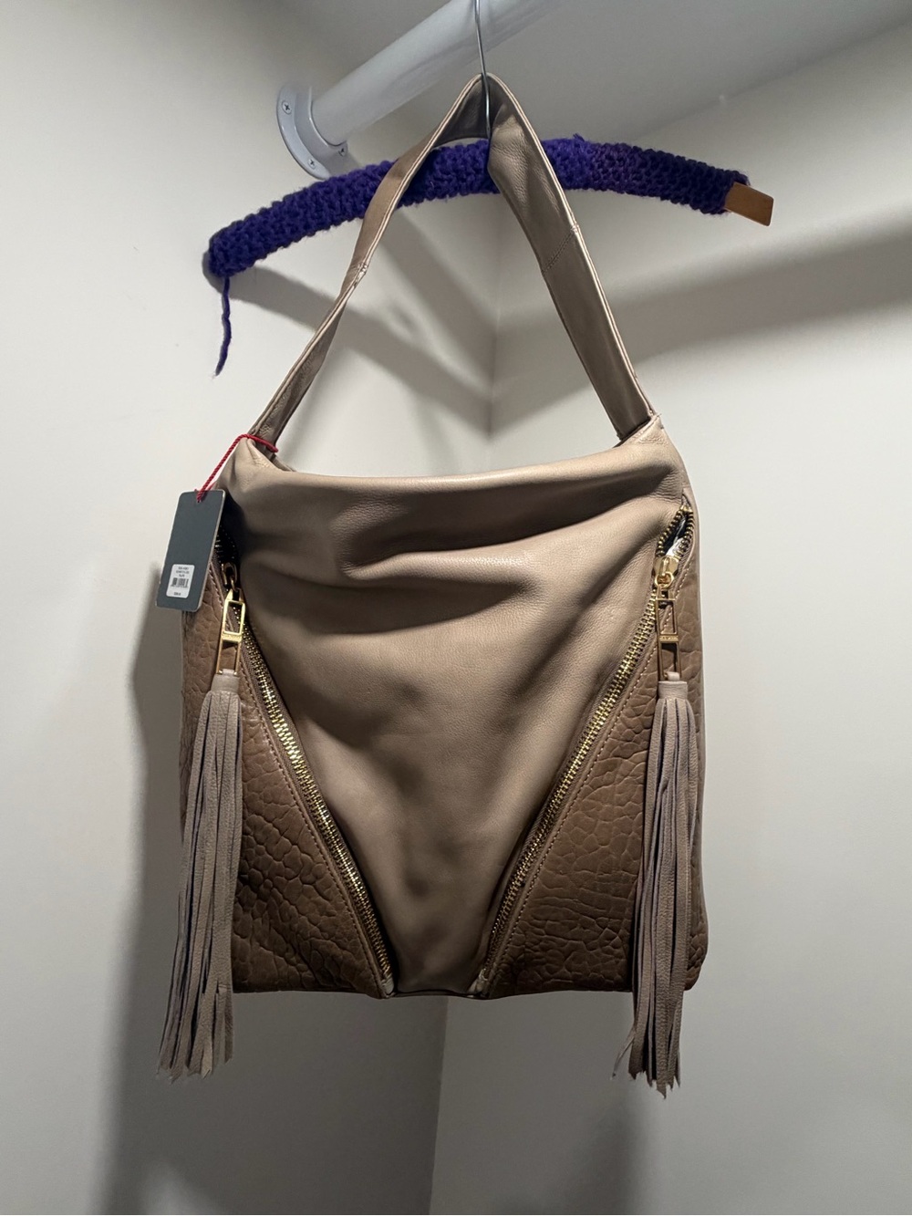 Kelsi Dagger Taupe Leather Shoulder Bag with Tassel Zippers